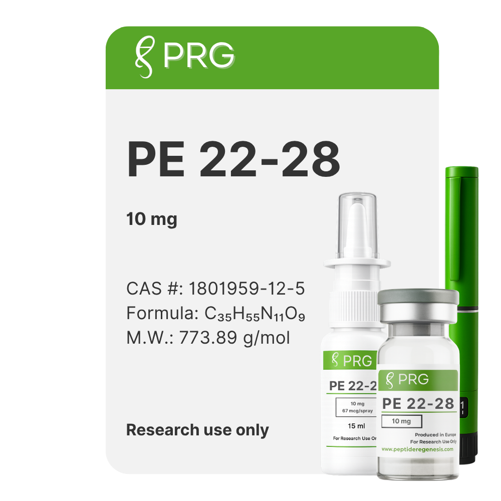 PRG PE 22-28 product packaging with medical vials on a white background