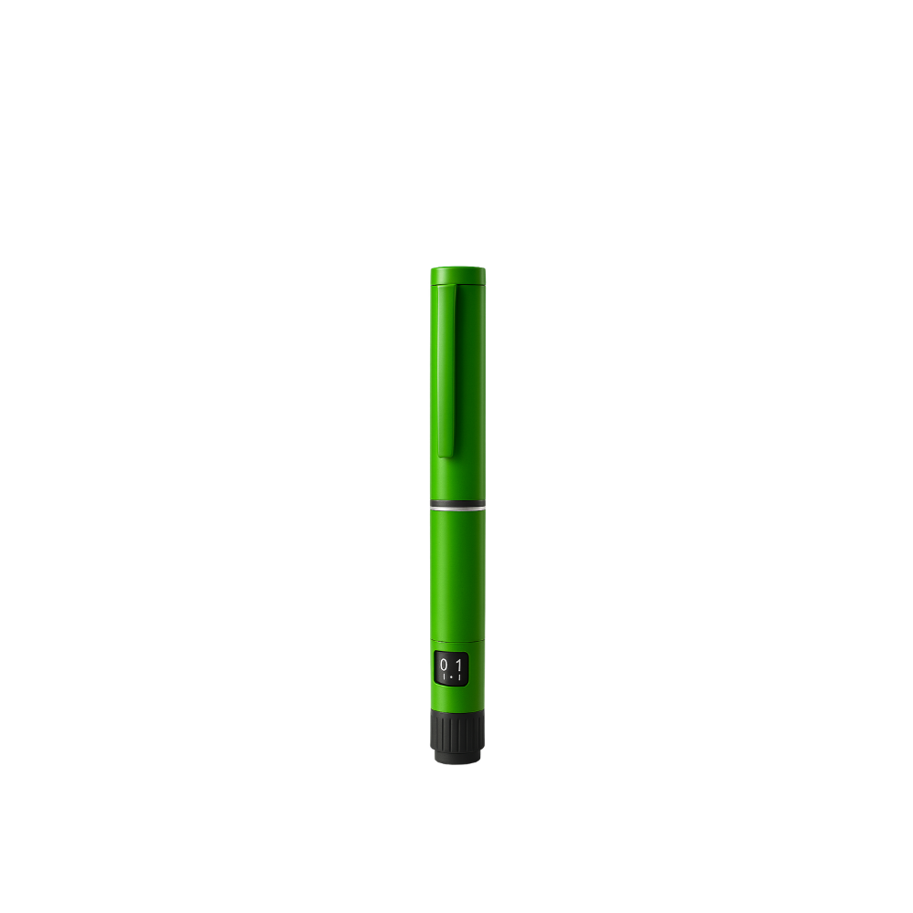 Green insulin pen on a white background