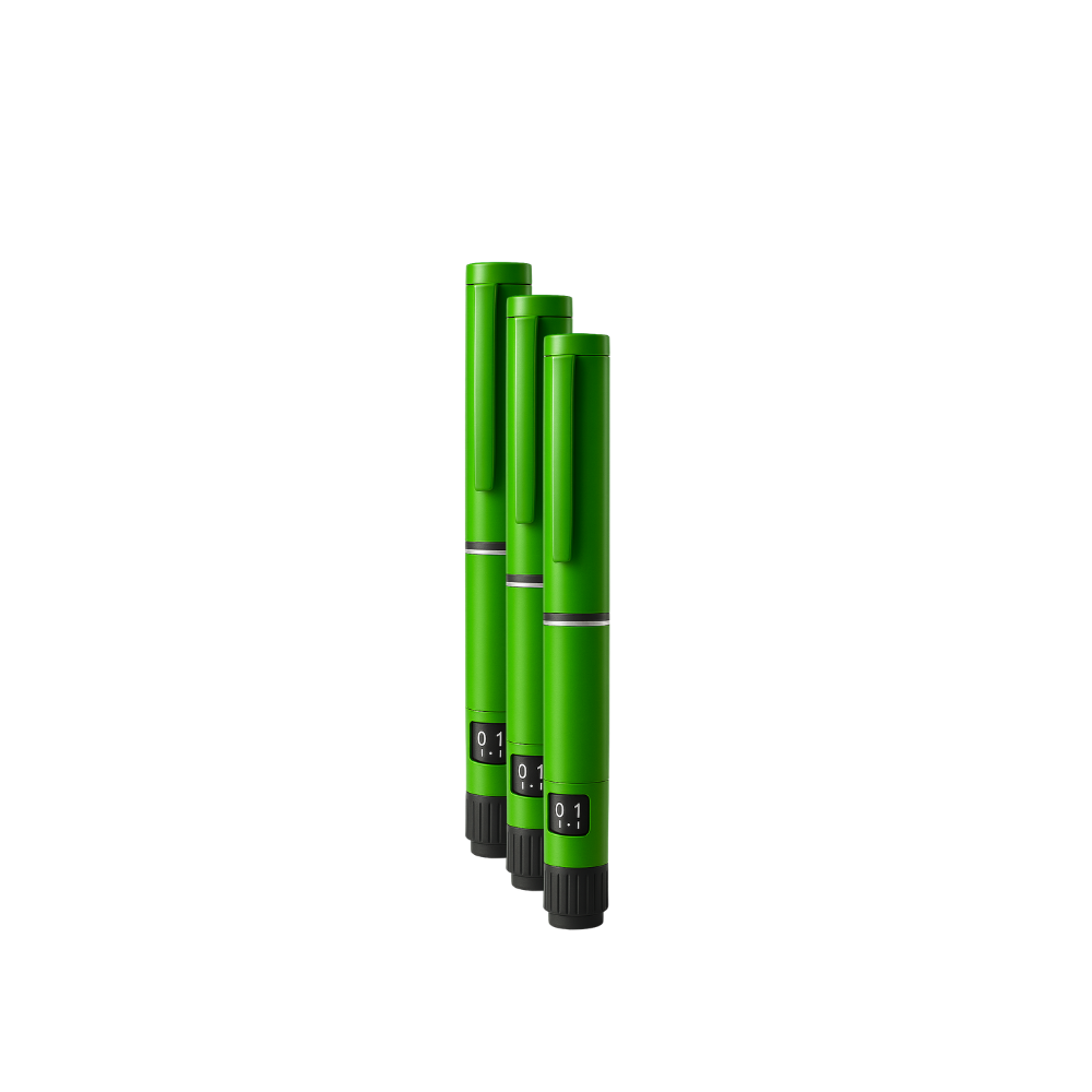 Four green pens with black accents on a white background