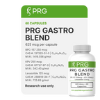 PRG Gastro Blend supplement bottle and label card. The white bottle with a white cap and green label is shown next to a large white information card with green header and black text detailing 60 capsules and active ingredients.