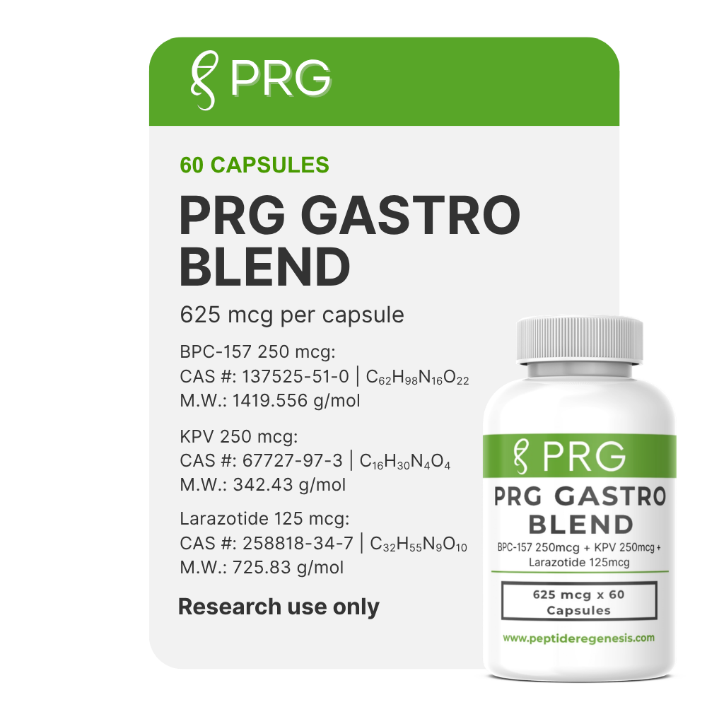 PRG Gastro Blend supplement bottle and label card. The white bottle with a white cap and green label is shown next to a large white information card with green header and black text detailing 60 capsules and active ingredients.