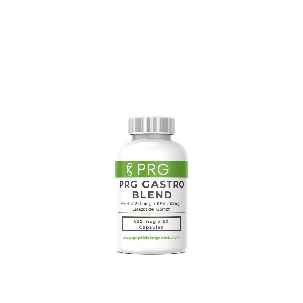 A white plastic bottle of PRG Gastro Blend capsules with a white cap, featuring a green and white label, centered on a plain white background.