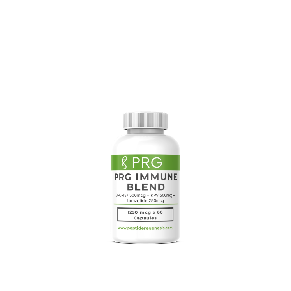 A white plastic bottle of PRG Immune Blend capsules with a white cap, featuring a green and white label, centered on a plain white background.