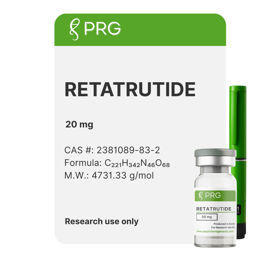Retatrutide packaging with PRG label on a white background