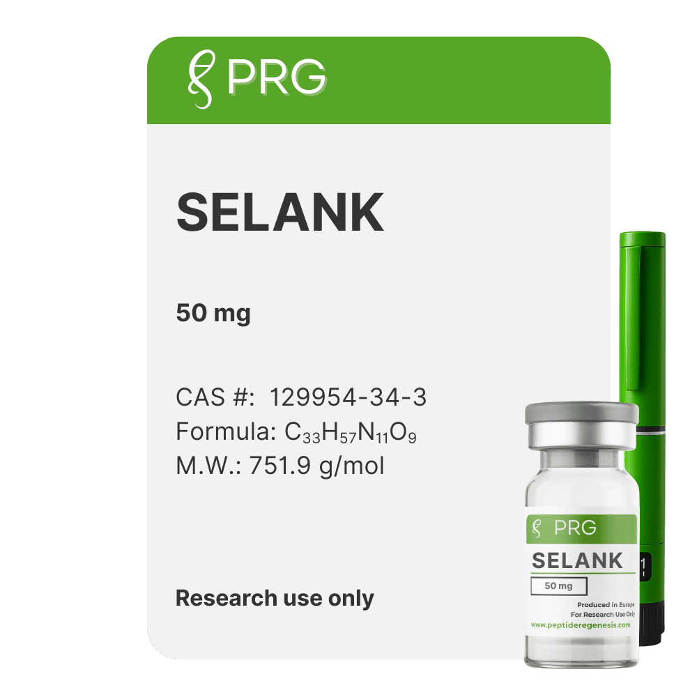 PRG SELANK 50 mg packaging with a green and white label on a green background