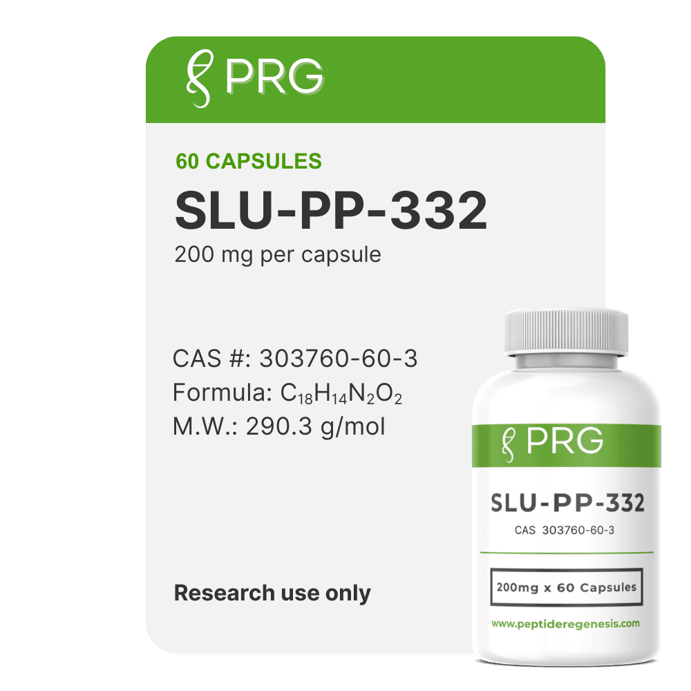 PRG SLU-PP-332 supplement bottle with label on a green background