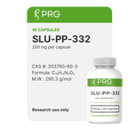 PRG SLU-PP-332 supplement bottle with label on a green background