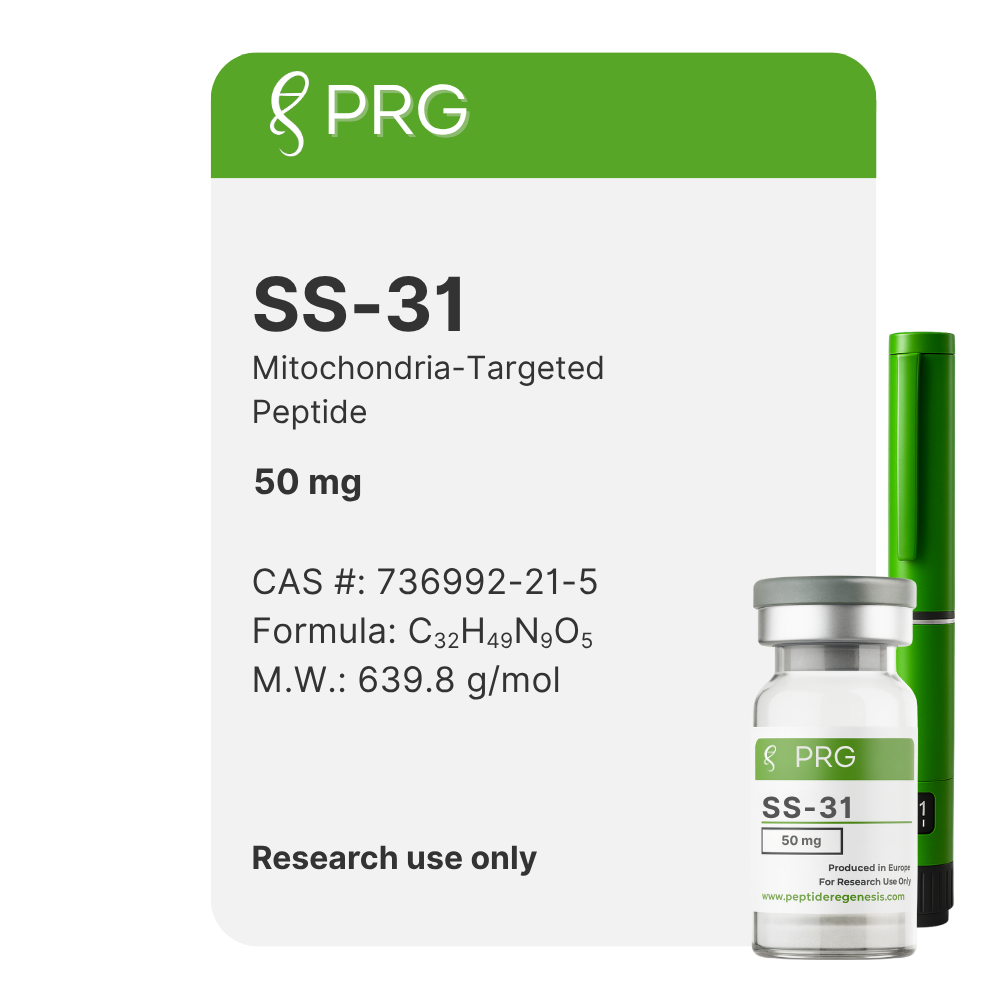 PRG SS-31 mitochondria-targeted peptide packaging with a vial on a white background