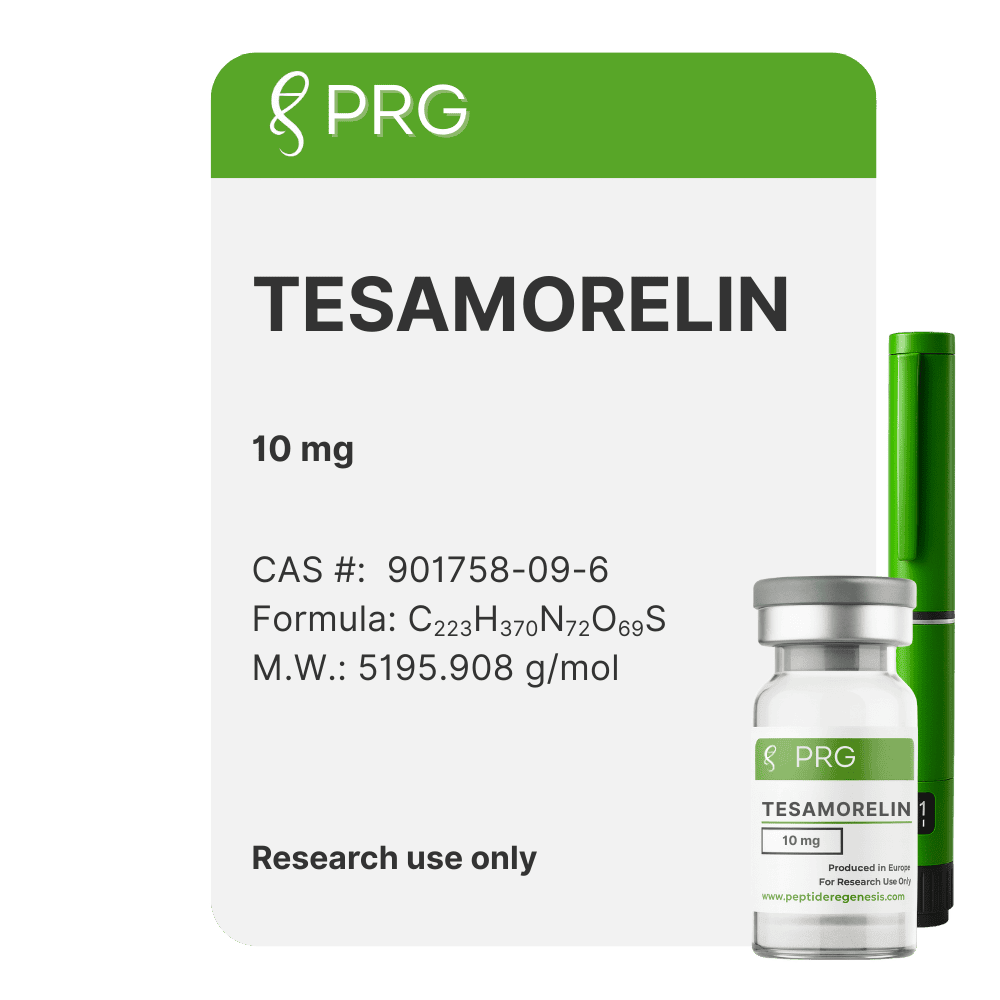 Tesamporelin 10mg research peptide on a white background