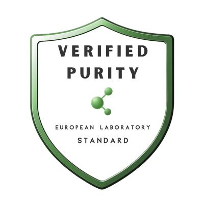Logo for 'Verified Purity' with a shield design, molecular symbol, and text indicating European laboratory standard.